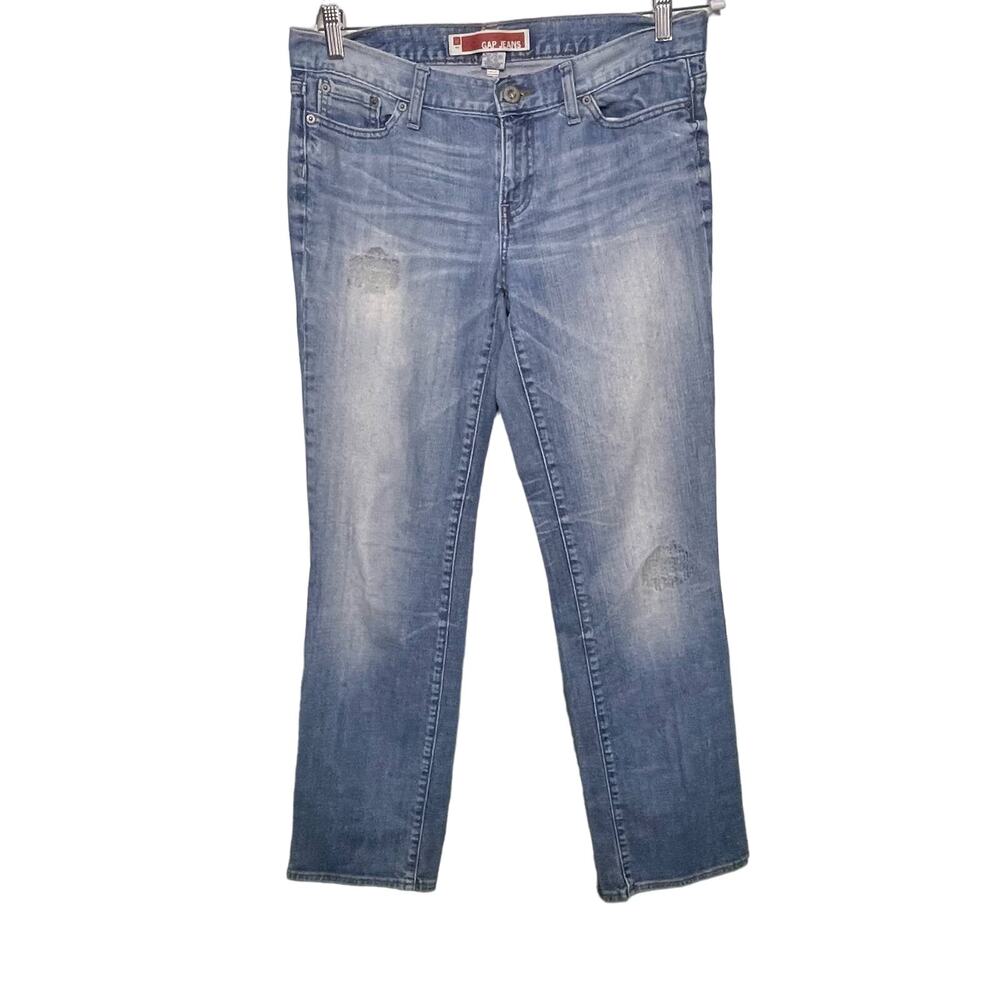 Y2K Gap Straight Leg Jeans Mid Rise Stretch Whiskers Stamped Faded Wash Blue 10